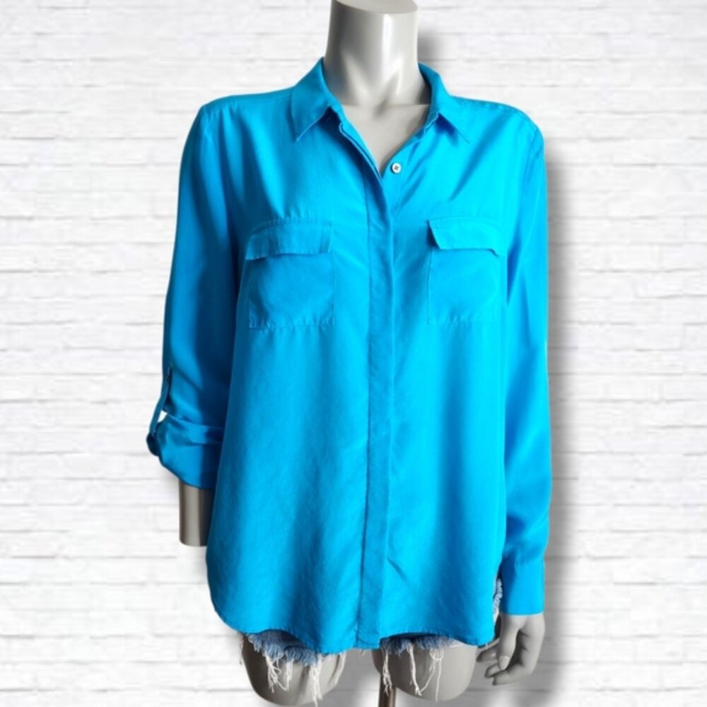 Ann Taylor Blue Silk Long Sleeve Button Down Roll Tab Blouse Size M